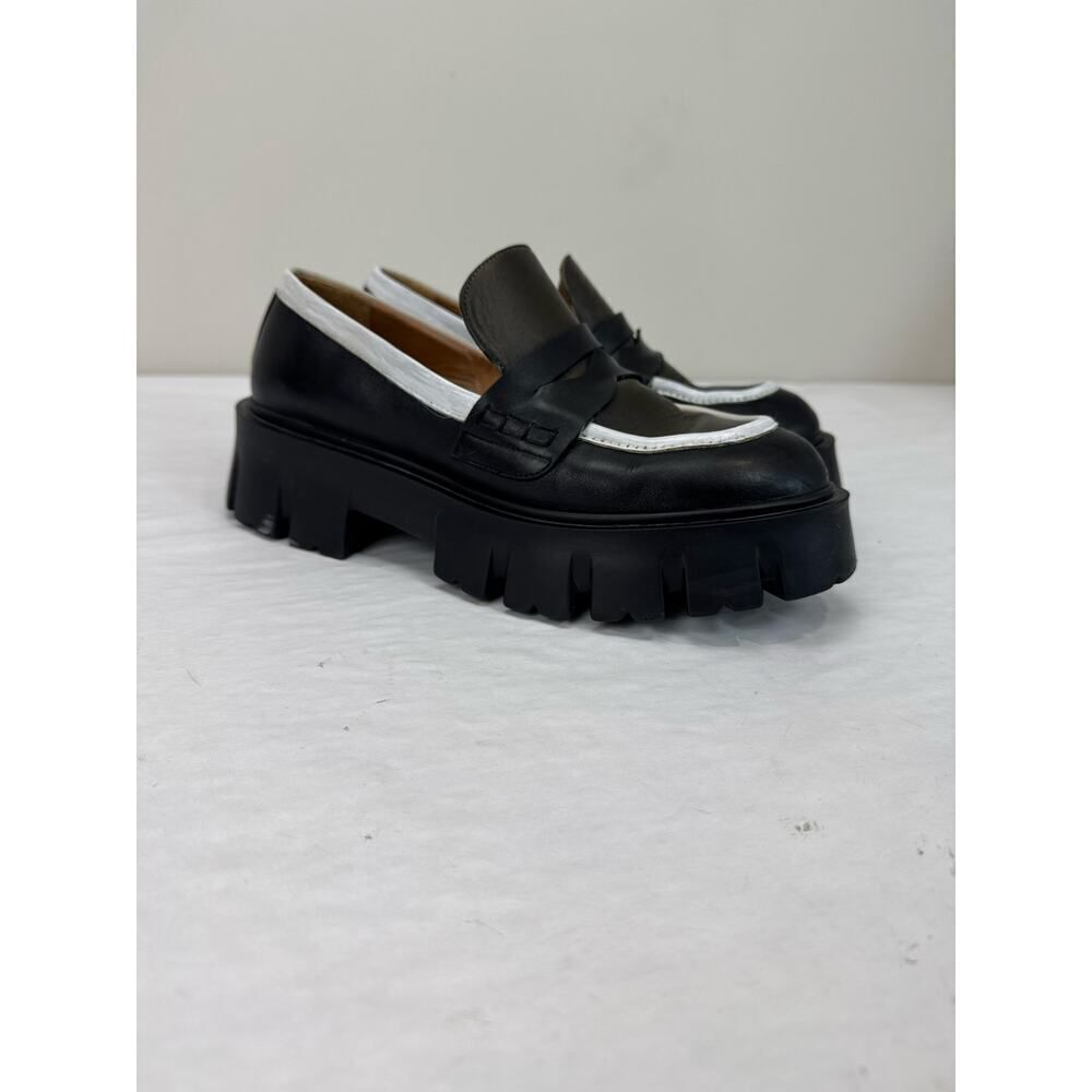 Akaada Mikki Black Khaki Leather Chunky Loafers Chunky Italy Leather Lug Sole 41